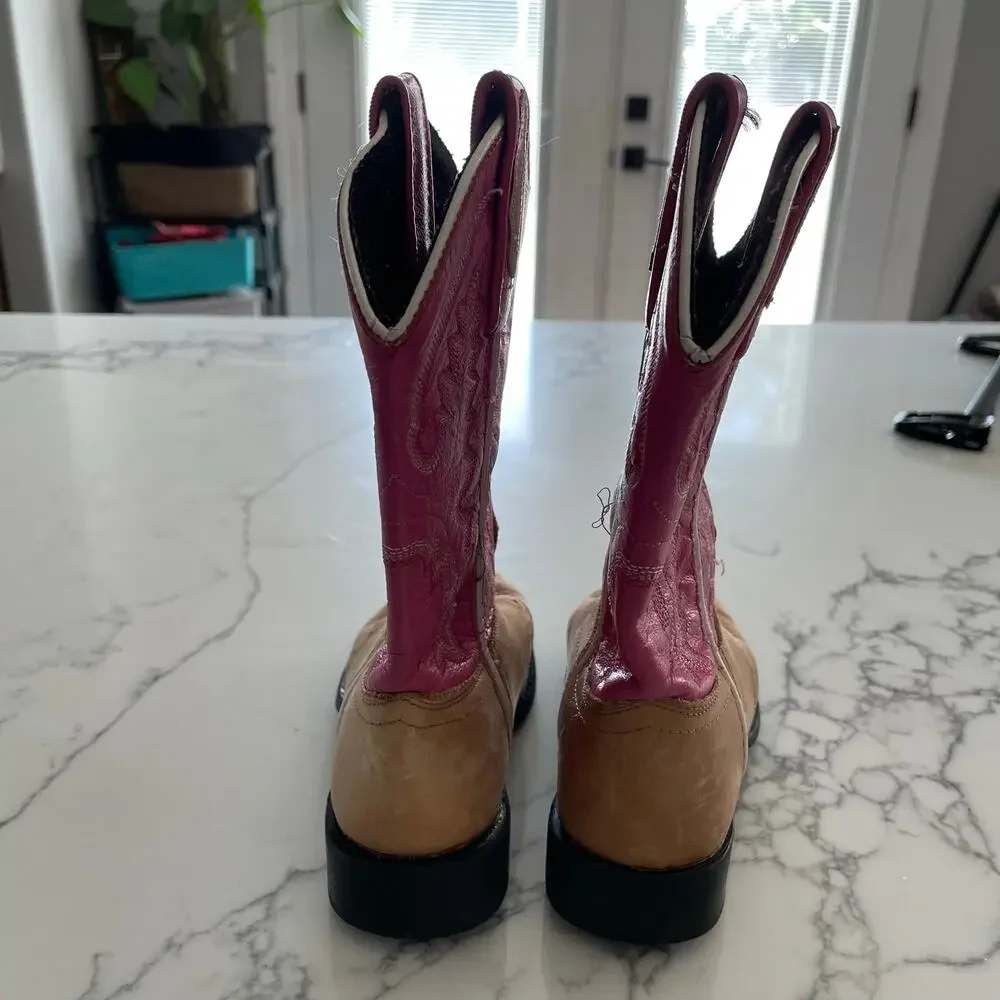 Old West Cowgirl Western Boots Fancy Round Toe Pink Leather Uppers sz 11-12